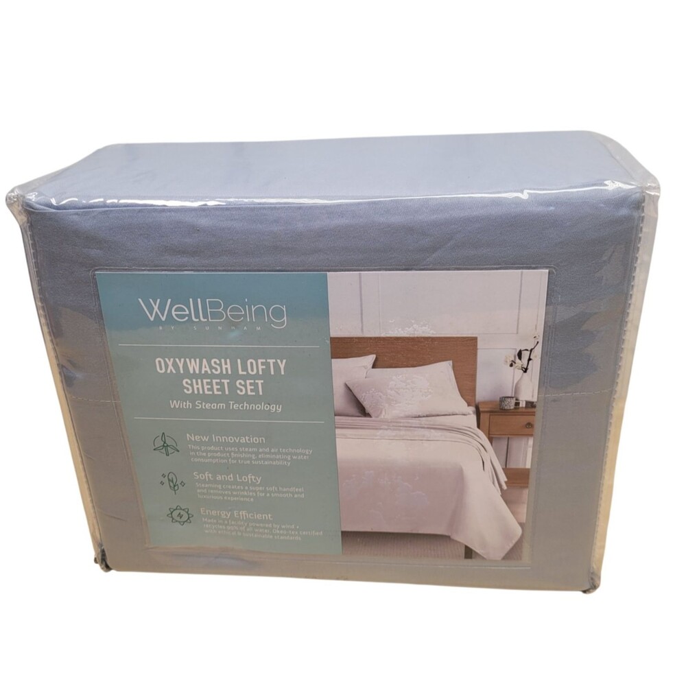 WELLBEING OXYWASH LOFTY 300 THREAD COUNT KING SHEET SET BLUE STEAM TEGHNOLOGY
